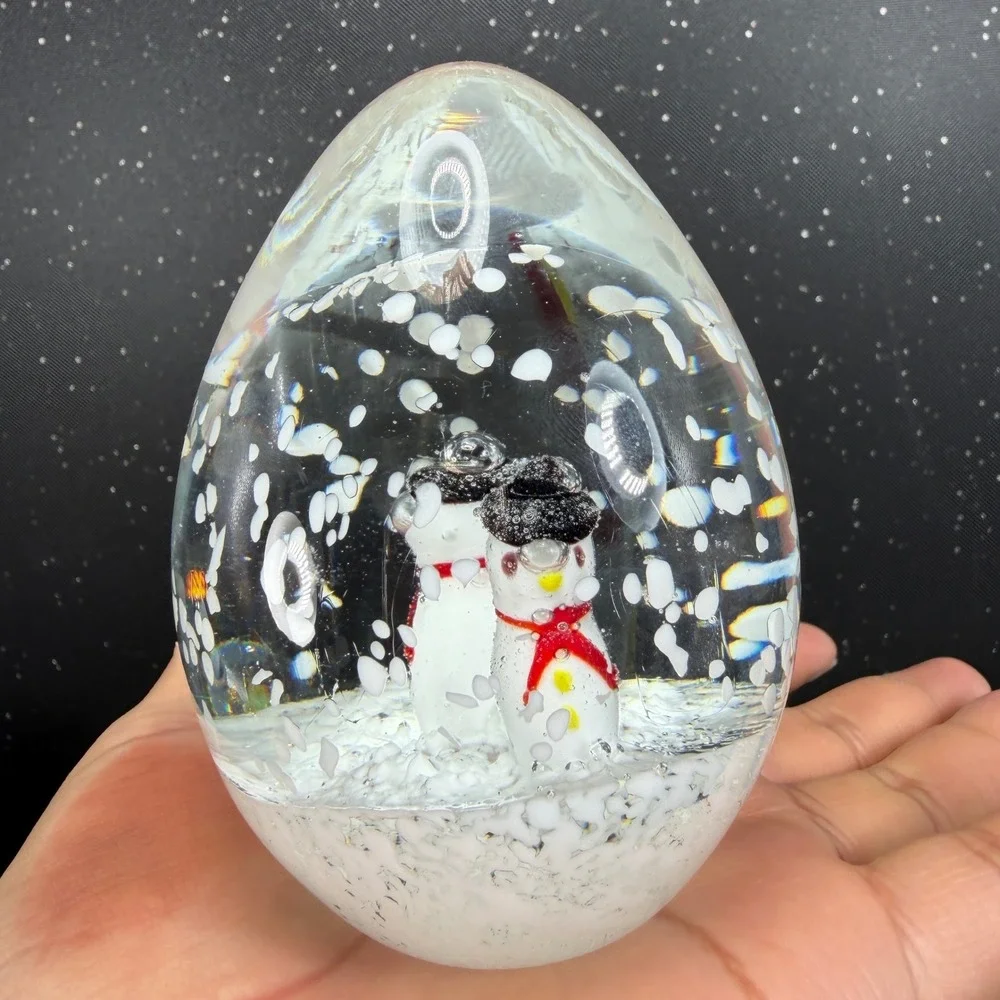 Heavy Glass Snowman Egg Paperweight Winter Snow Scene 4 inch Holiday Decor